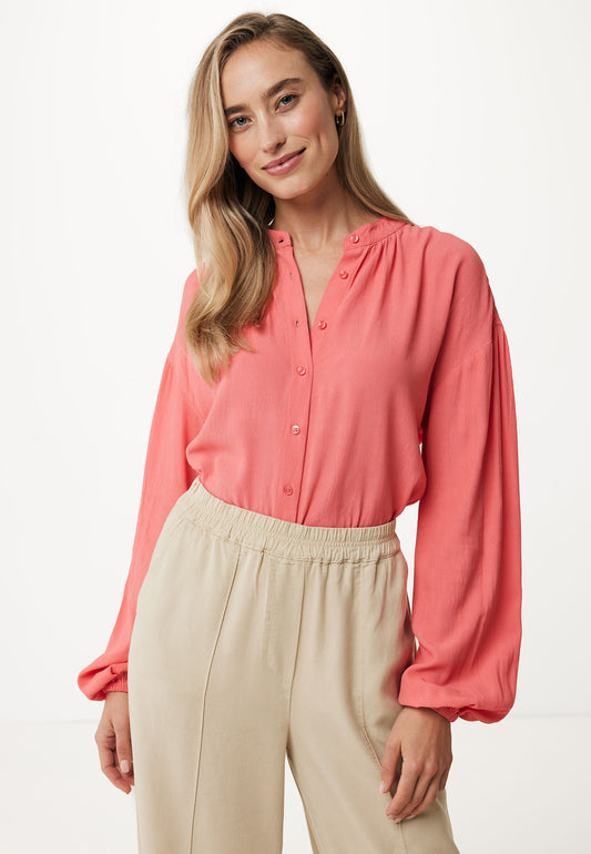 Plain Blouse with Gathered Sleeves