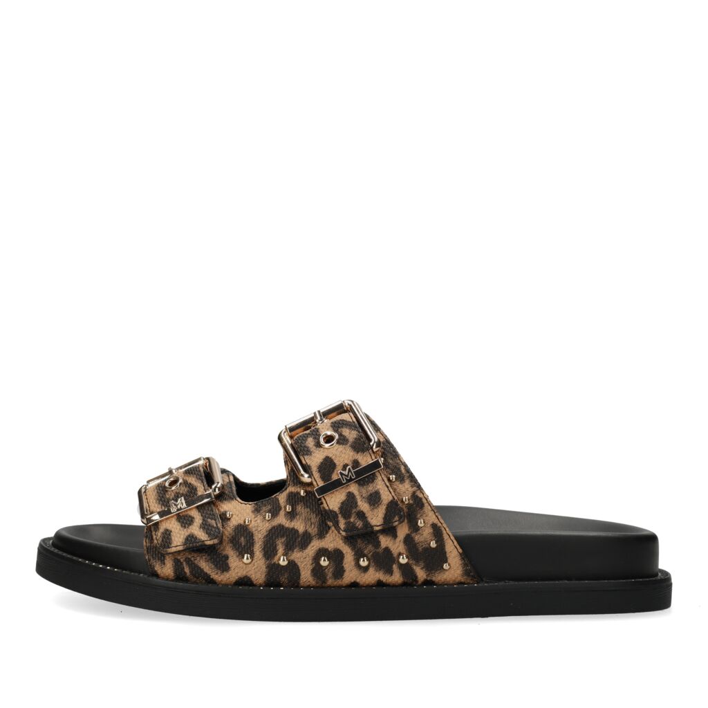 MEXX γυναικεία slides leopard με διπλό λουράκι και αγκράφες
