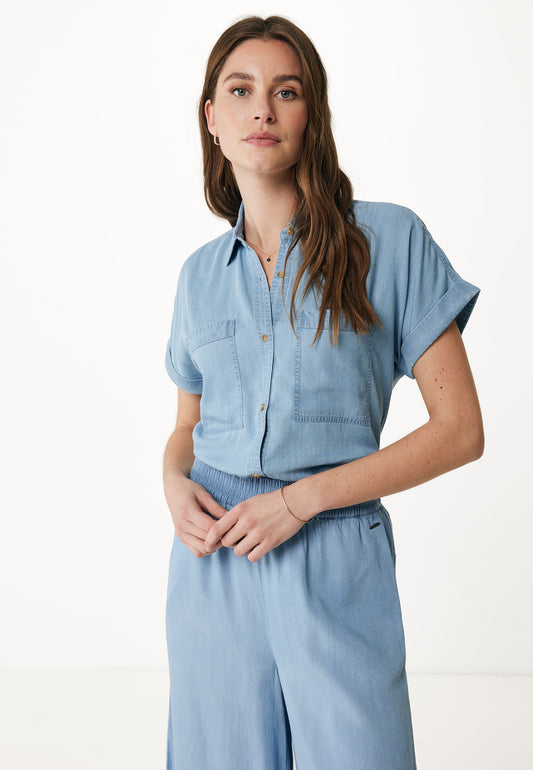Blouse with Turned Sleeves and Pockets