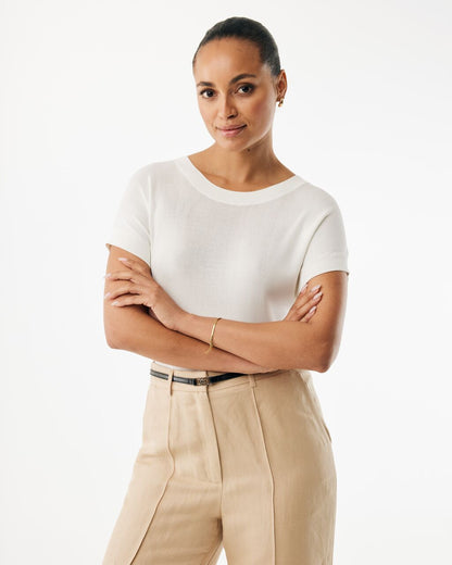 Πλεκτή κοντομάνικη μπλούζα με στρογγυλή λαιμόκοψη
