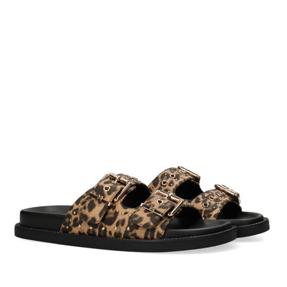 MEXX γυναικεία slides leopard με διπλό λουράκι και αγκράφες