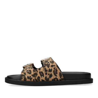 MEXX γυναικεία slides leopard με διπλό λουράκι και αγκράφες