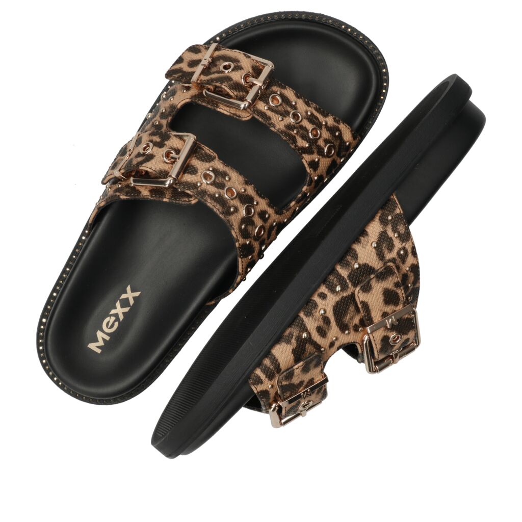 MEXX γυναικεία slides leopard με διπλό λουράκι και αγκράφες