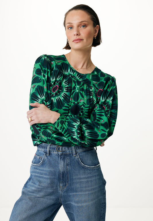 Printed Blouse with Pleats on the Shoulders